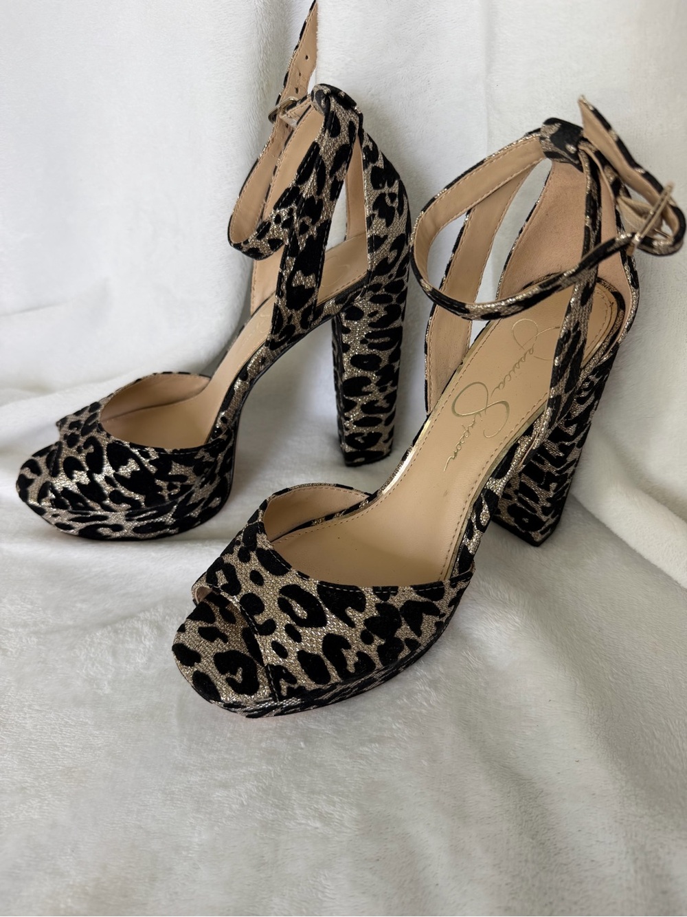 Jessica Simpson Leopard Print Black & Gold Platform Ankle-Strap Heels